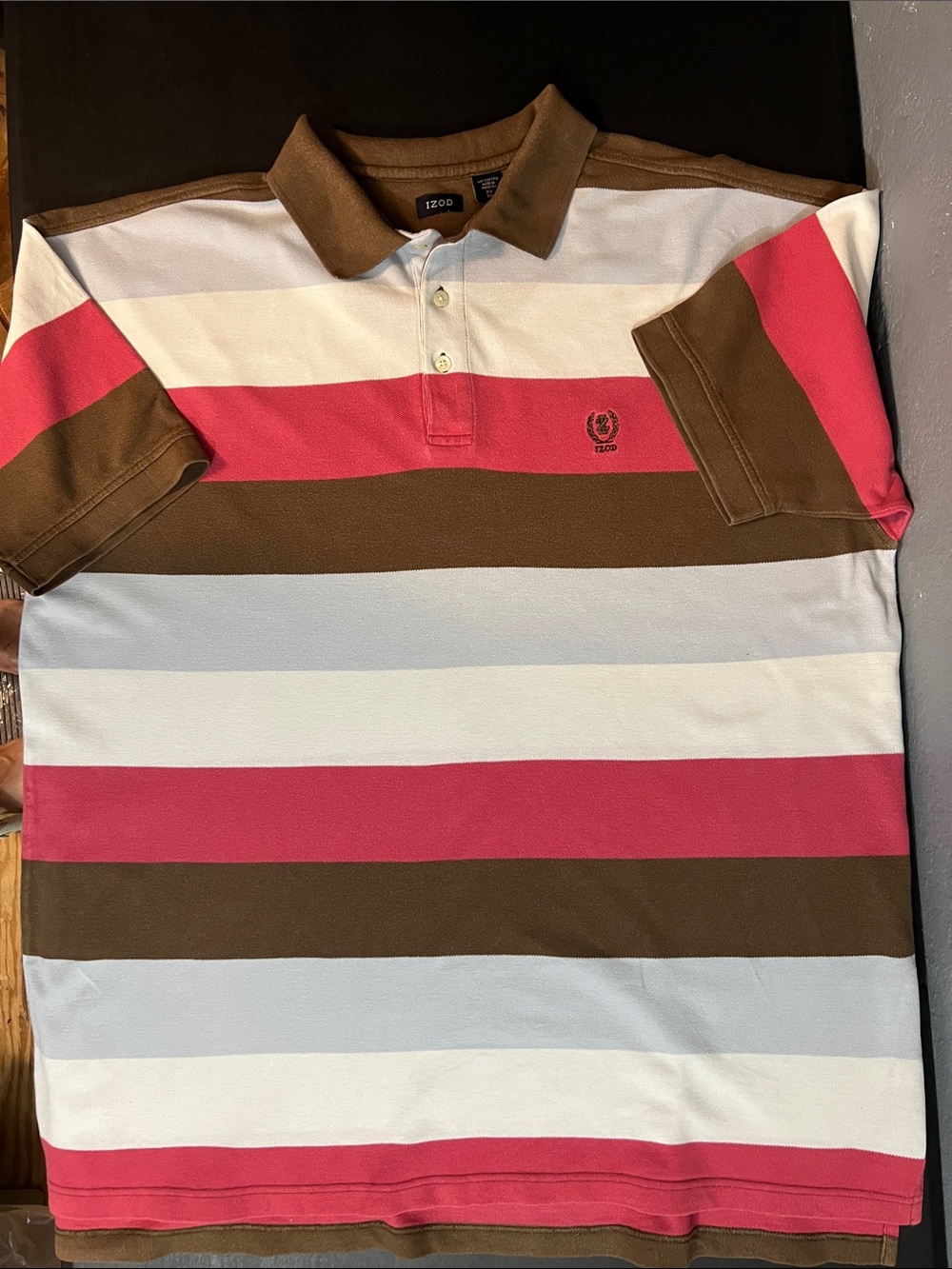 Izod Men’s Brown, White & Pink Wide-Stripe Polo